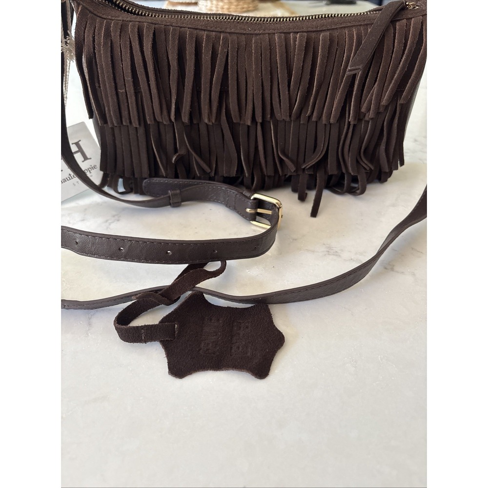 Haute Hippie 3 Tier Fringe Suede w/ Leather Trim Crossbody Bag NWT Brown Boho